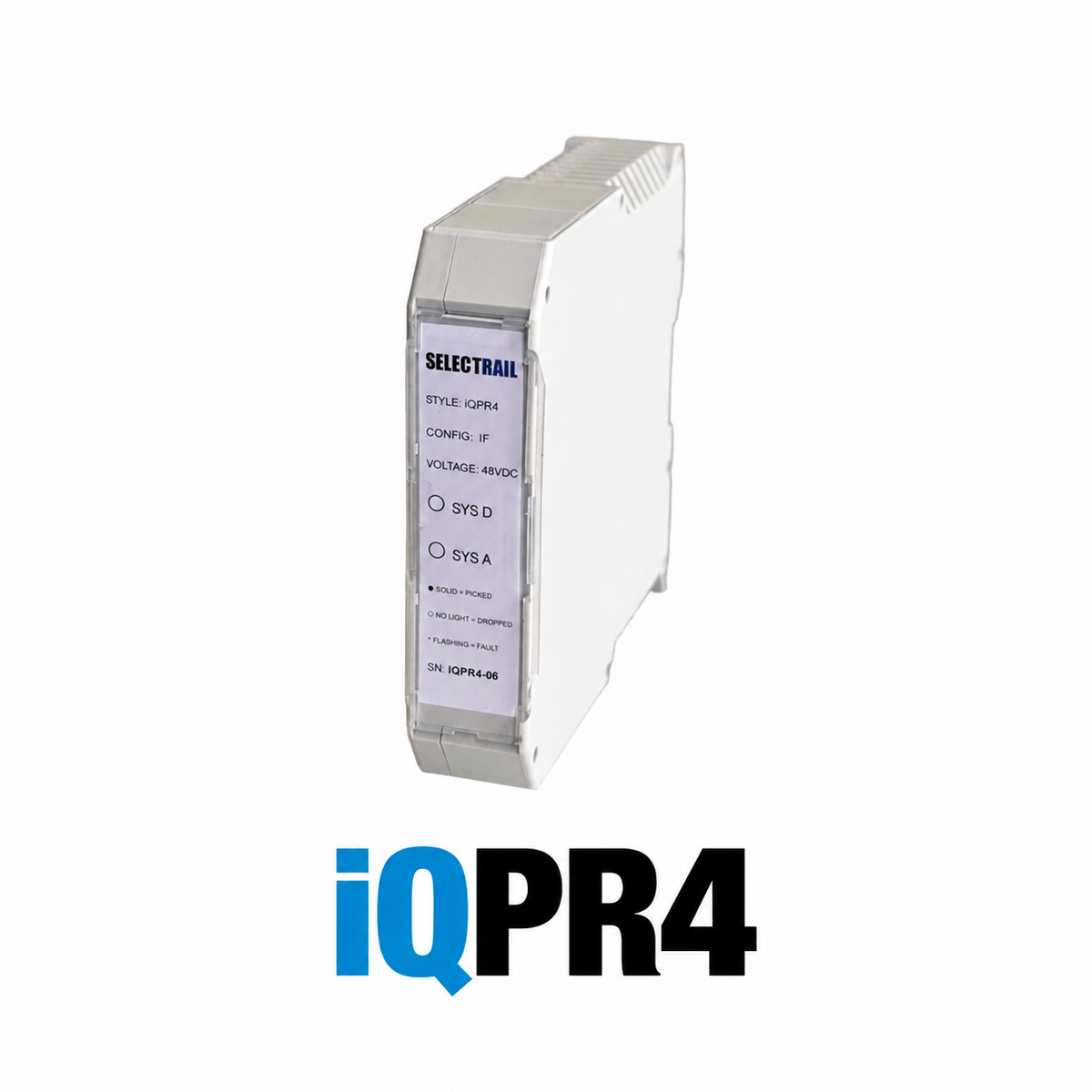 Selectrail iQPR4 DIN-RAIL solid-state high-current relay with blue and black iQPR4 model heading on a square white background