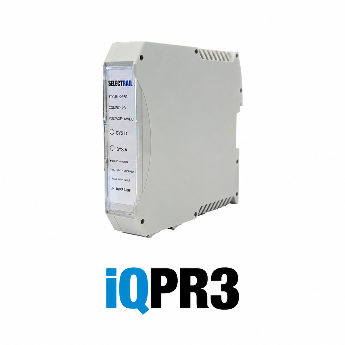 Selectrail iQPR3 DIN-RAIL solid-state flasher relay with blue and black iQPR3 model heading on a square white background