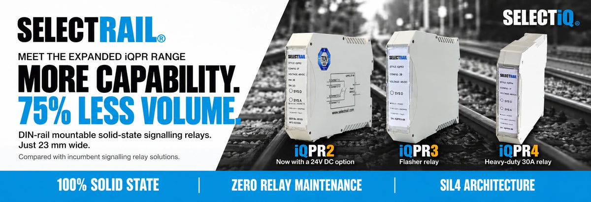 Selectrail iQPR2, iQPR3 flasher and iQPR4 heavy-duty 30A DIN-rail relays. More capability, 75% less volume. 23 mm wide, 100% solid state, zero relay maintenance and SIL4 architecture.